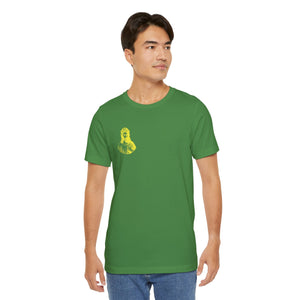 Green unisex crew neck t-shirt with yellow Jesus in crown of thorns graphic on front left side