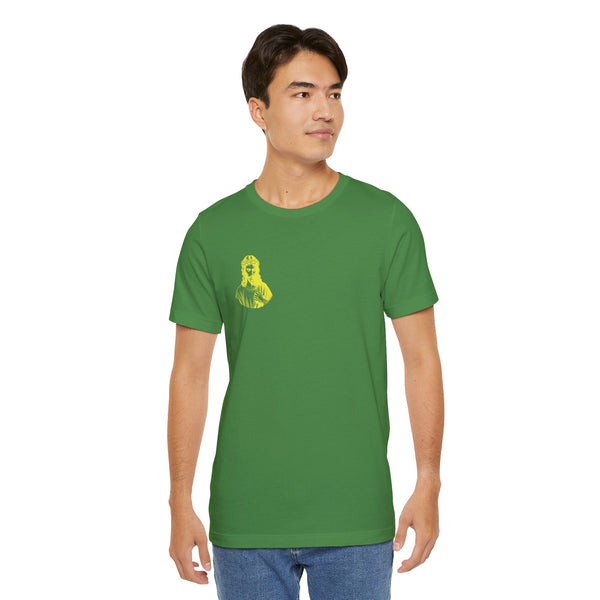 Green unisex crew neck t-shirt with yellow Jesus in crown of thorns graphic on front left side