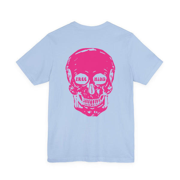 Light blue graphic tee with bold pink "Free Mind" skull print on back, statement streetwear style