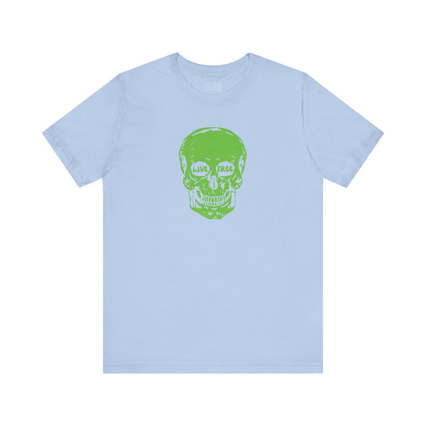 light blue t-shirt with green Live Free skull print front design skull print t-shirt