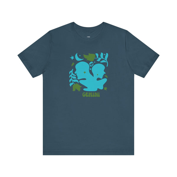 Retro Gemini zodiac graphic t shirt in dark blue with vintage twin design and cosmic elements