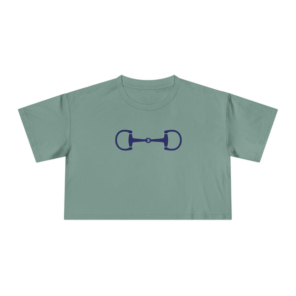 Navy cropped tee with horsebit graphic, Ivy League equestrian style, soft breathable cotton, relaxed fit, casual chic design