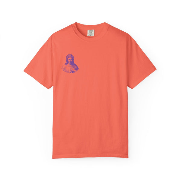 Coral unisex t-shirt with small purple Jesus graphic on left chest, Christian streetwear style faith-based apparel