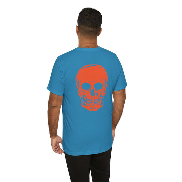 Orange Jumbo Skull Back Print featuring a Mini Orange Skull left Front Graphic Tee