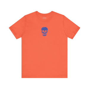 orange graphic t shirt with blue mini skull design center front unisex cotton tee