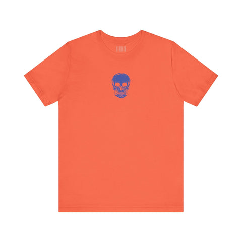 orange graphic t shirt with blue mini skull design center front unisex cotton tee