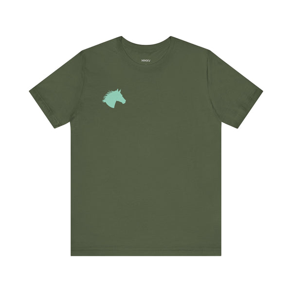 Minimalist olive green equestrian t-shirt with a mint-colored horse head graphic on the left chest, made from soft breathable cotton.
