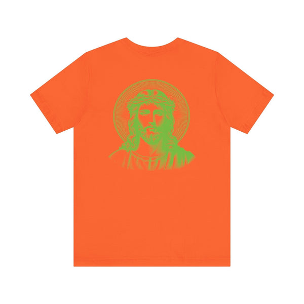 orange t-shirt with large green halo Jesus graphic on the back, streetwear style Jesus graphic tee