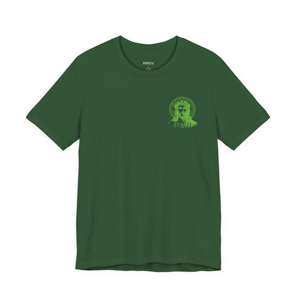 Green unisex t-shirt with mini Jesus with halo left front graphic print