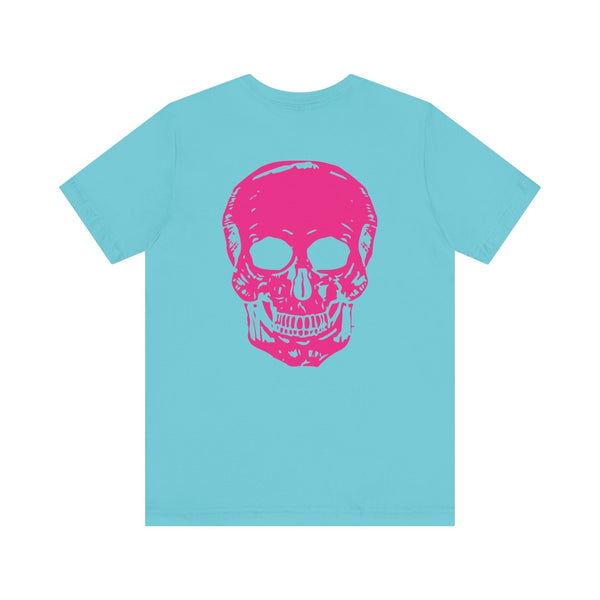 Light blue punk rock t-shirt with bold large pink skull graphic on the back, made of soft breathable cotton.