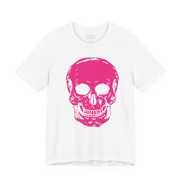 White unisex tee with pink jumbo skull graphic edgy t shirt
