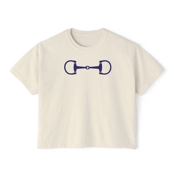 Navy horsebit graphic on boxy fit cream t shirt with casual cropped design
