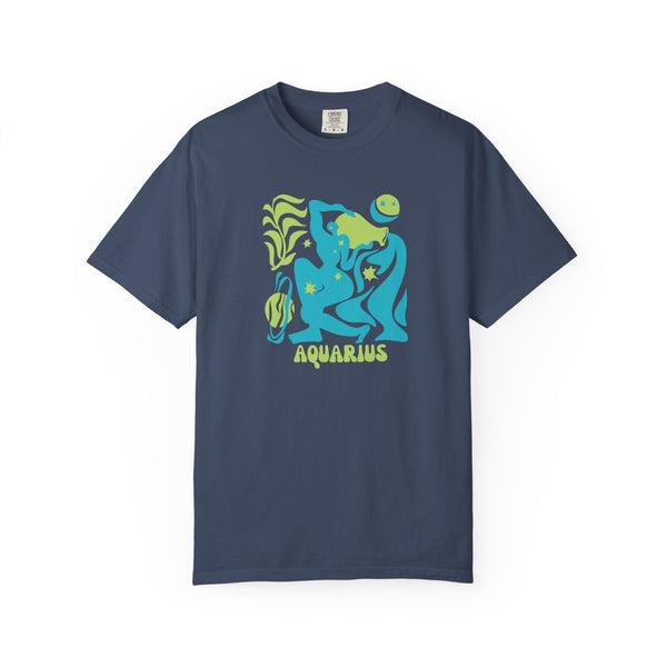 Navy Aquarius zodiac graphic tee with vibrant aqua blue and green celestial and water-bearer design