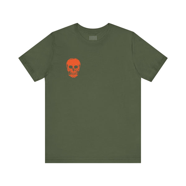 Orange Jumbo Skull Back Print featuring a Mini Orange Skull left Front Graphic Tee