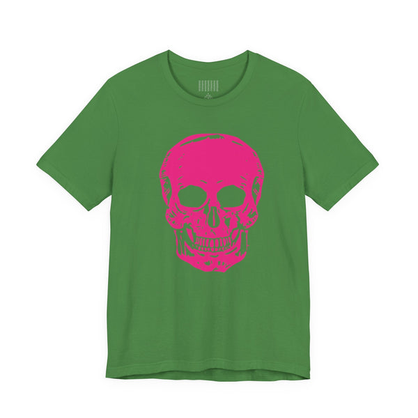 green edgy t shirt with large neon pink skull graphic front print