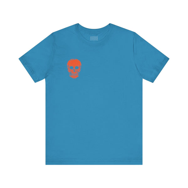 Orange Jumbo Skull Back Print featuring a Mini Orange Skull left Front Graphic Tee