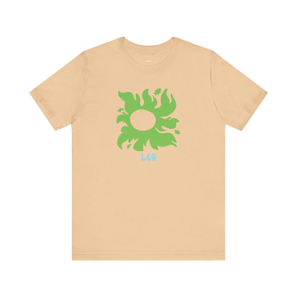 Beige Leo zodiac t shirt with green sunburst graphic and blue "Leo" text, soft cotton unisex tee