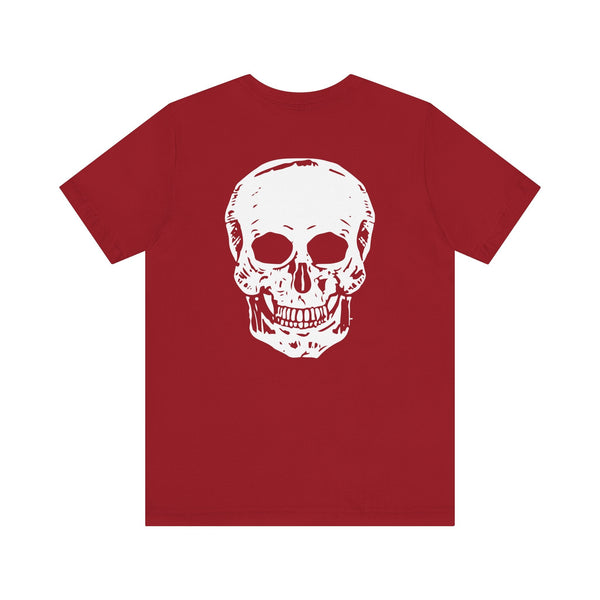 Red Skull Graphic Tee with large white skull print on the back and small skull on the front chest, made from soft breathable cotton