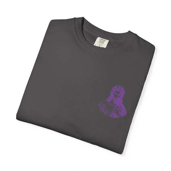 Purple Jumbo Jesus Back Print Tee with Purple Mini Jesus Front Left Graphic Tee - Iconic by Sandra Oles