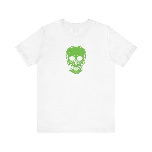 White skull streetwear tee with bold green skull graphic on the front, made of soft cotton.