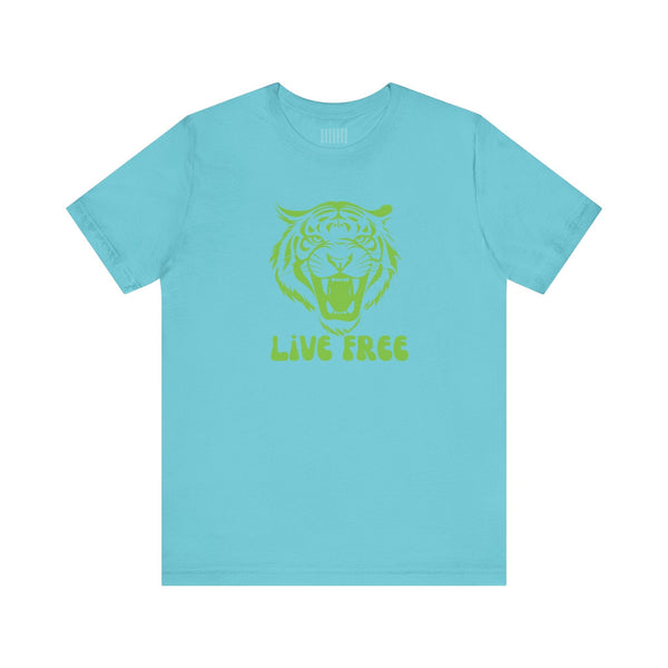 Light blue graphic tee with green tiger head and "LIVE FREE" text, streetwear style