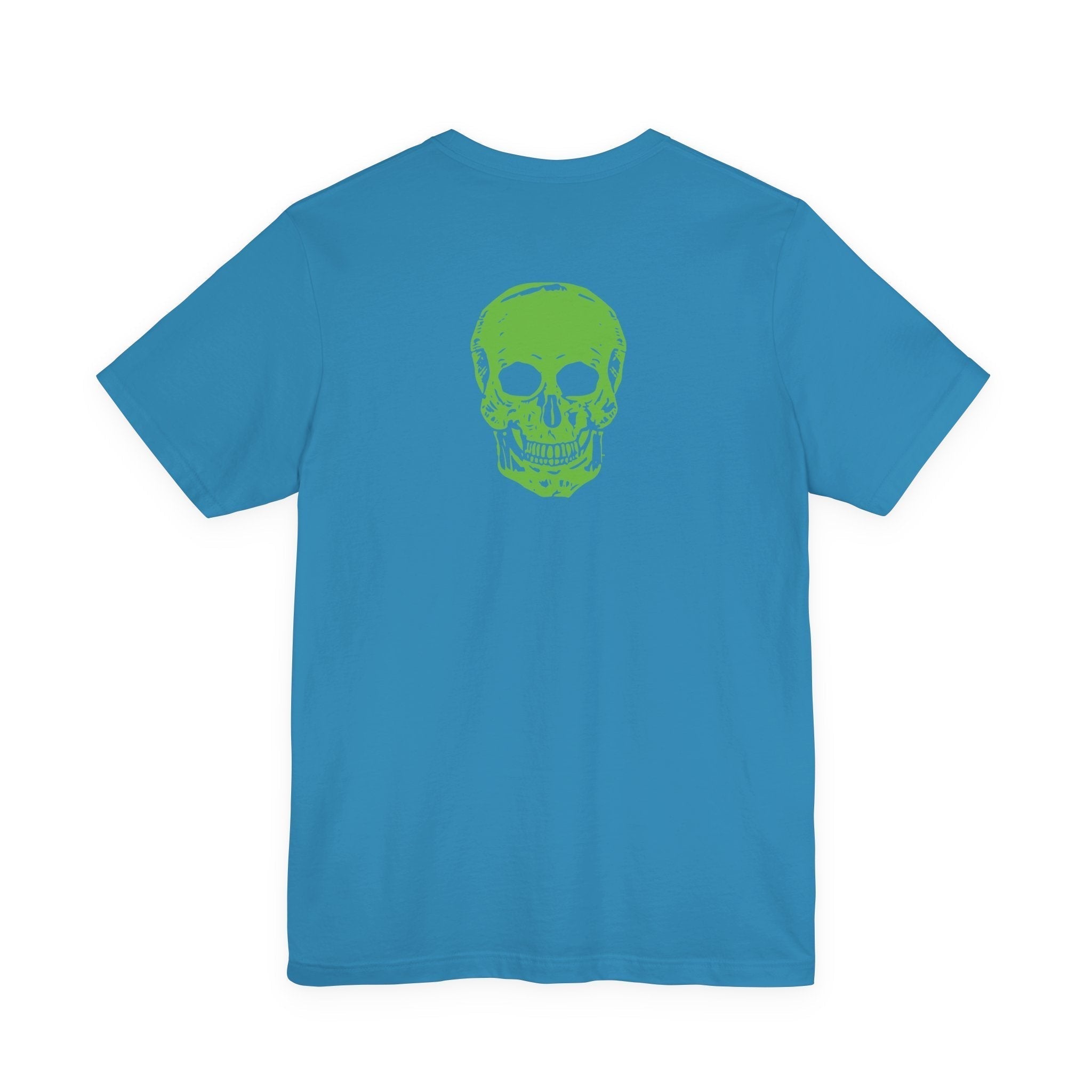 Blue designer skull t-shirt with bold green skull print on the back, streetwear style
