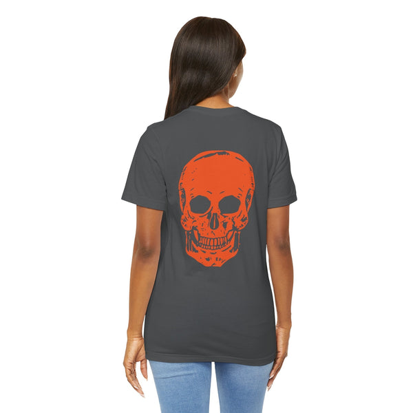 Unisex charcoal tee with large orange skull print on back and small orange skull front graphic from Fugitive Tees
