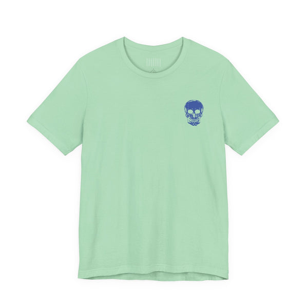 mint green unisex rocker tee with small blue skull graphic on front left chest