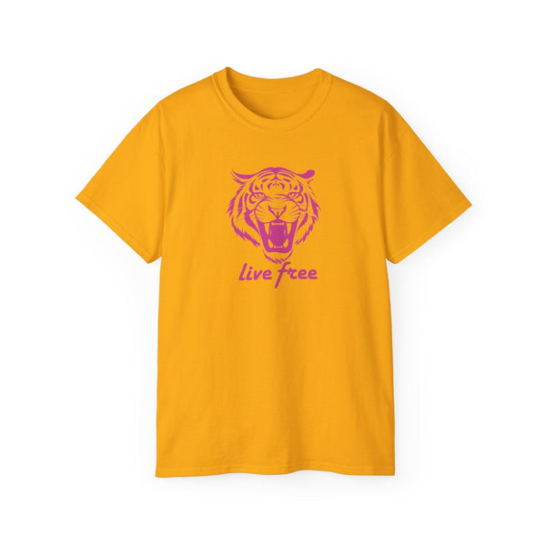 Pink “Live Free” Jumbo Retro Roaring Tiger Head Graphic Tee - Fugitive by Sandra Oles