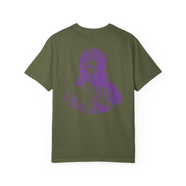 Olive green tee with large purple Jesus graphic on the back, streetwear style by Sandra Oles
