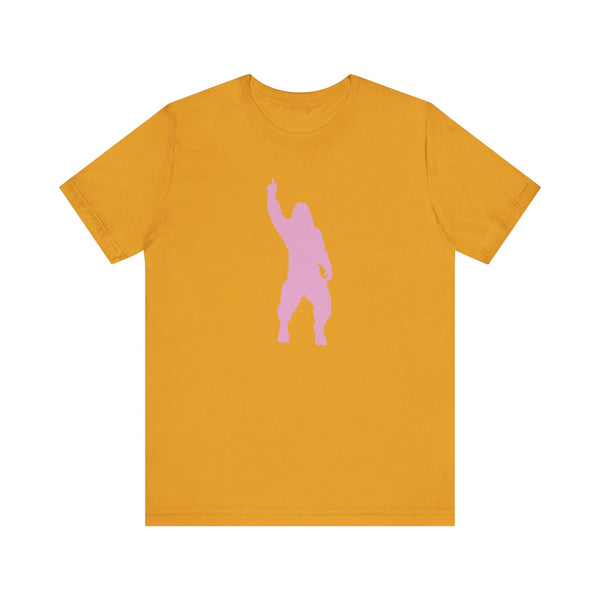 Mustard yellow big foot t shirt with a cheeky pink Sasquatch silhouette graphic in a hand-in-the-air pose.