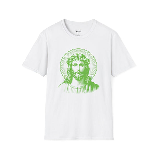 White unisex tee with green halo Jesus graphic spiritual shirt by Sandra Oles