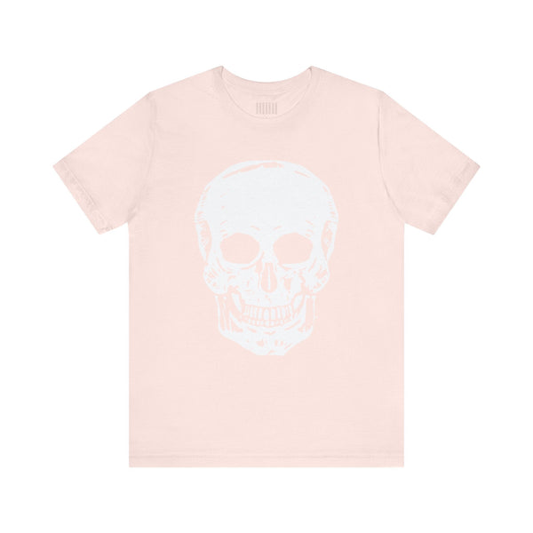 Pastel pink graphic tee featuring a large skull print from the Fugitive Collection by Sandra Oles