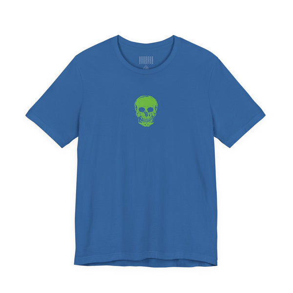 Blue urban streetwear t-shirt with centered mini green skull graphic on chest