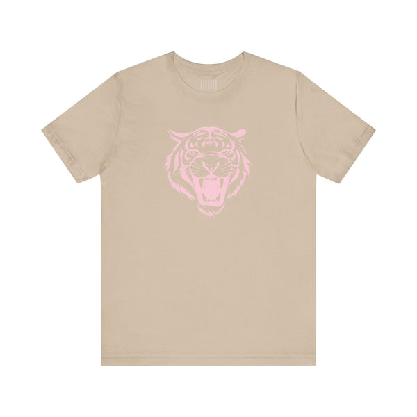Beige aesthetic t shirt with pink pastel jumbo roaring tiger head graphic front