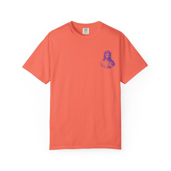 Coral unisex Christian streetwear tee with small purple Jesus graphic on left chest