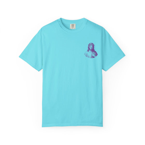 Blue Christian streetwear tee with small purple Jesus graphic on left chest, unisex fit, casual style