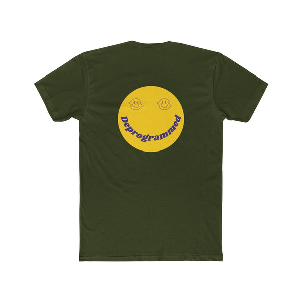 1990's rave backprint t-shirt with oversized yellow smiley face and "Deprogrammed" text on olive green cotton tee