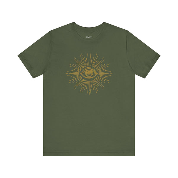 Olive green third eye graphic tee shirt with radiant gold spiritual design, unisex fit, breathable cotton.