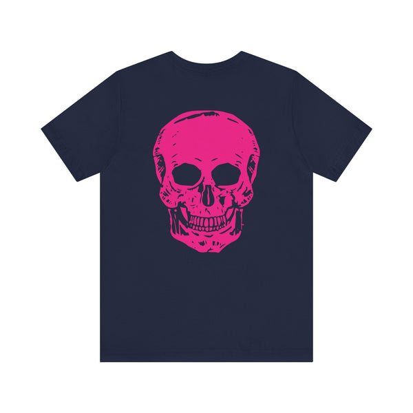 Black punk rock tee with jumbo hot pink skull graphic on back