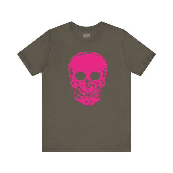 Unisex edgy t shirt with neon pink jumbo skull graphic on olive green cotton tee