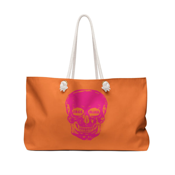 Orange weekender skull bag with pink "LIVE FREE" skull graphic and white cotton rope handles