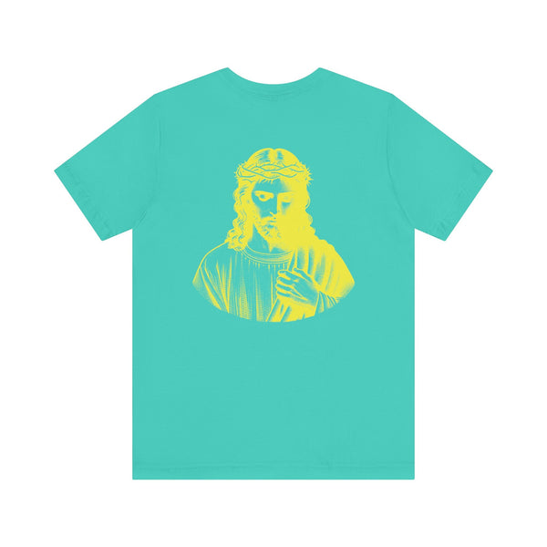 Yellow graphic tee with large Jesus print on back and mini Jesus print on front left, Christian streetwear style by Sandra Oles