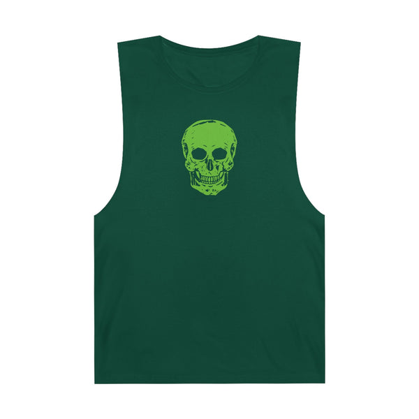 Dark green goth skull tank top with bold green skull graphic, edgy muscle tee for alternative streetwear