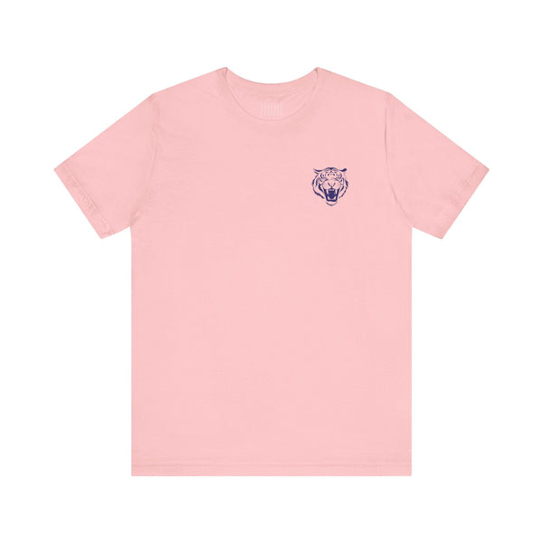 Pink retro graphic tee with navy blue roaring tiger head left front print