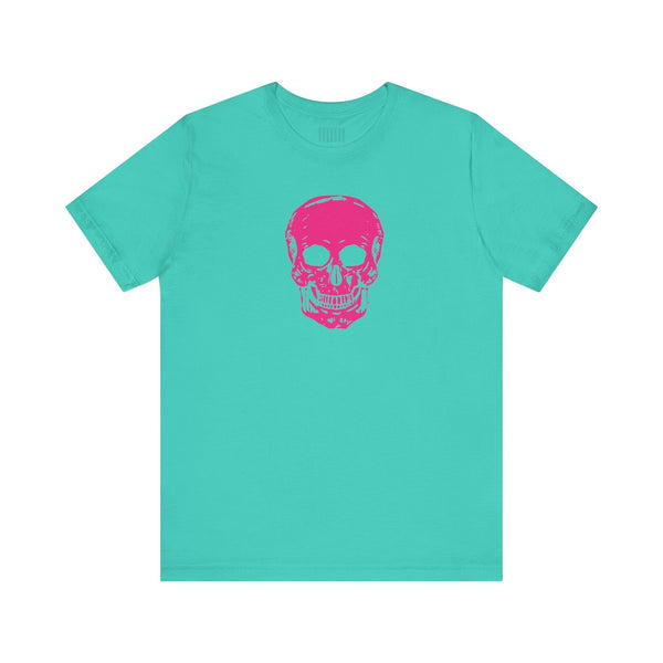 Unisex teal tee with vibrant pink skull graphic on front, short sleeves, and ribbed collar.