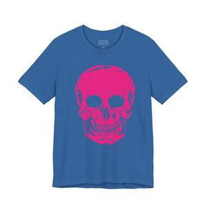 Blue unisex t-shirt with large neon pink skull graphic on front, Fugitive Pink Skull design
