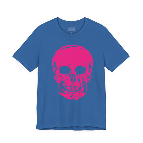 Blue unisex t-shirt with large neon pink skull graphic on front, Fugitive Pink Skull design