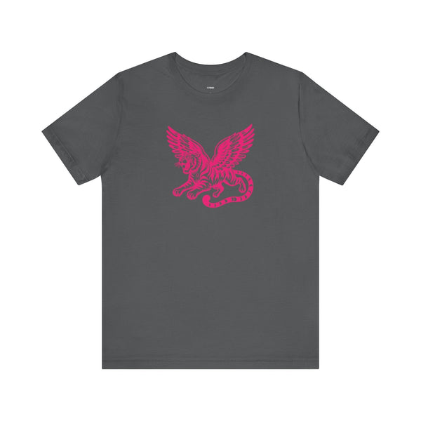 Dark gray unisex tee featuring a neon pink winged tiger graphic and "Fugitive" text on the back.
