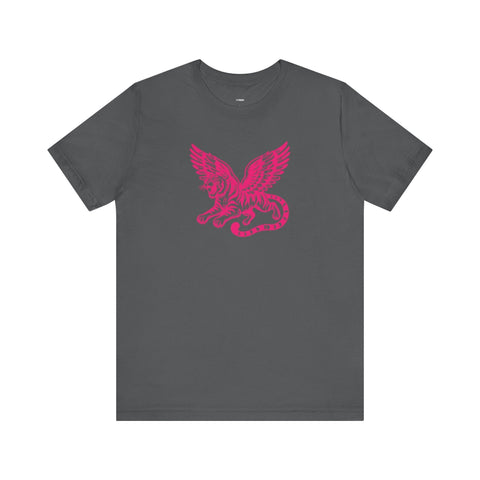 Dark gray unisex tee featuring a neon pink winged tiger graphic and "Fugitive" text on the back.